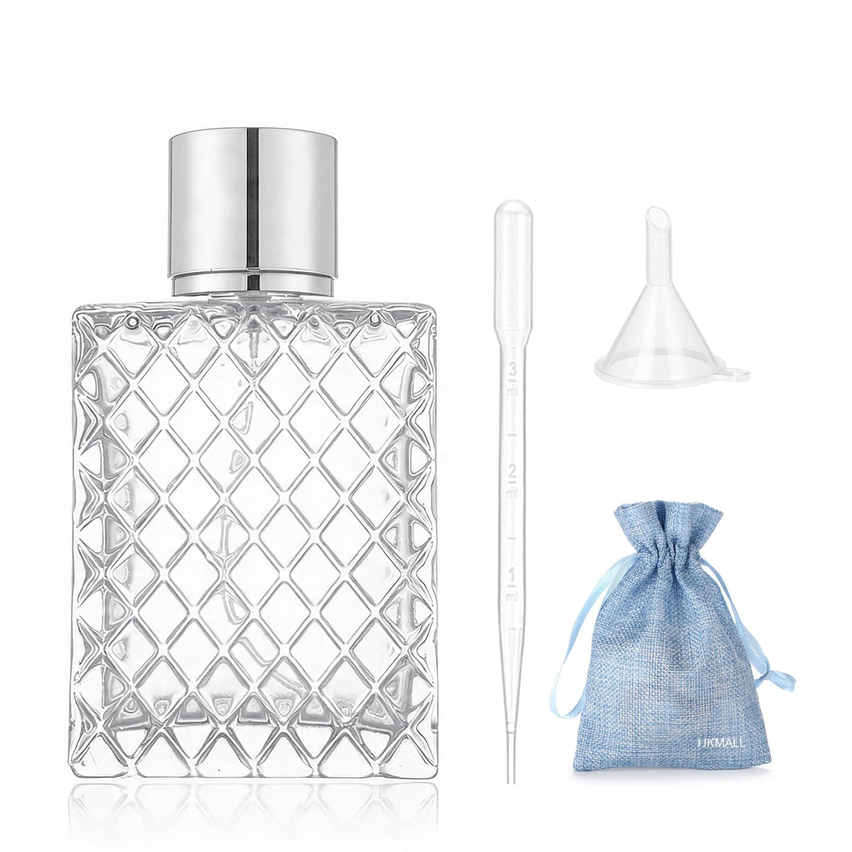 JJKMALL clear glass bottle front view showing durable design and refill convenience