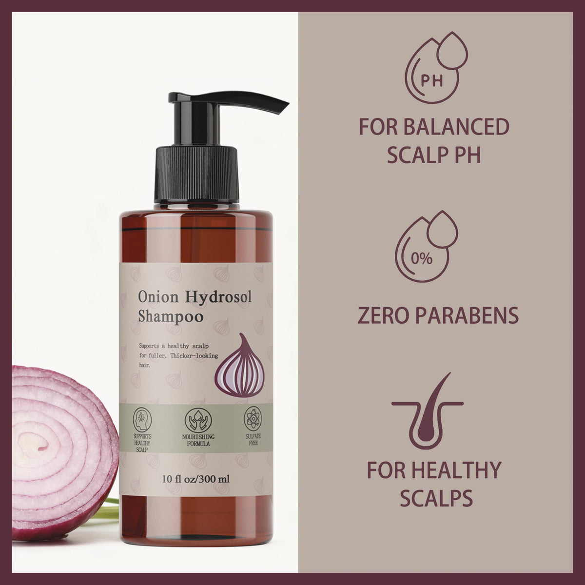 JLQJLQ bottle beside onion, rosemary and nettle highlighting natural ingredients benefit