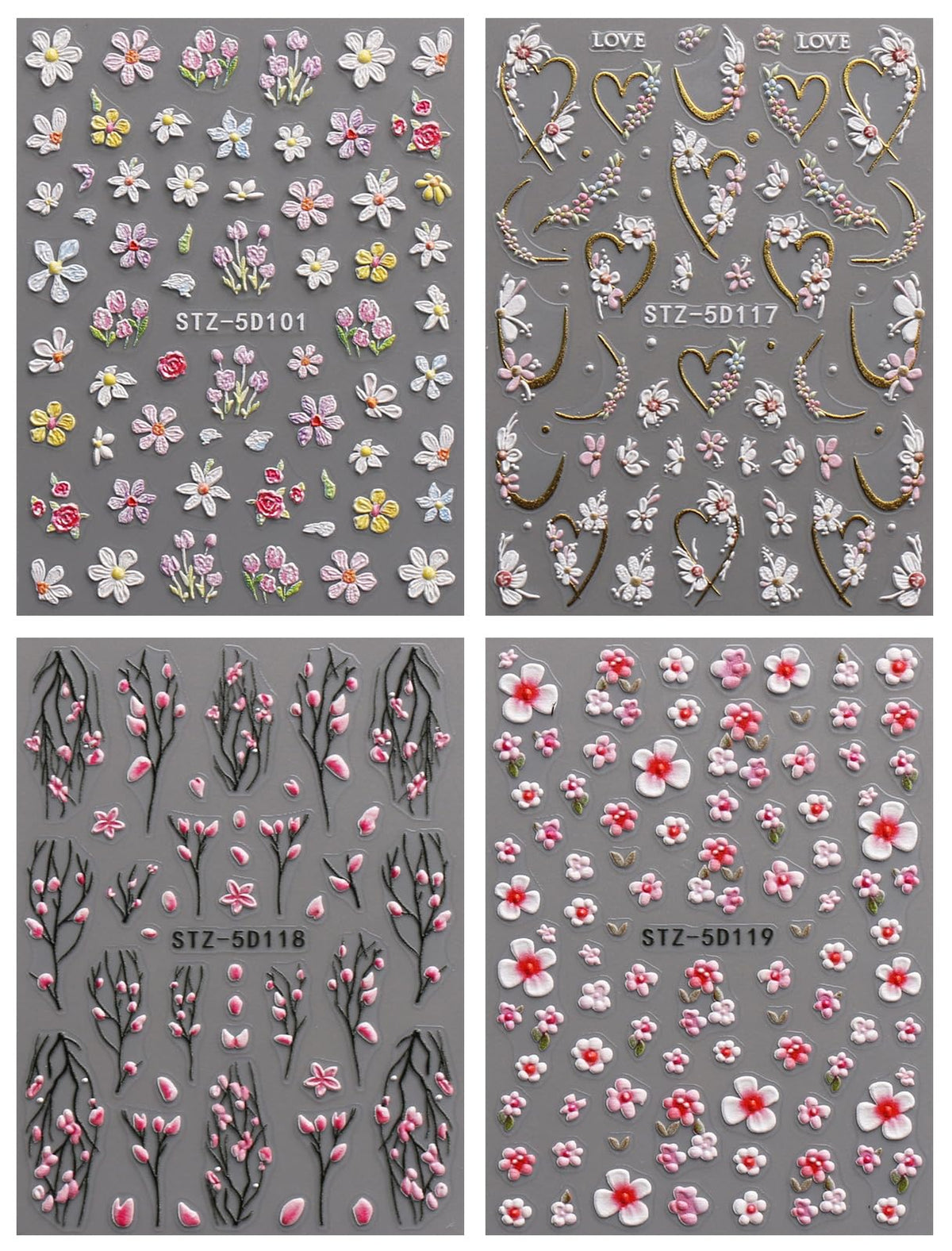jmeowio four sheets layout displaying varied flower patterns for customization
