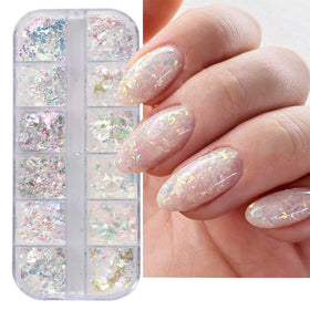jmeowio front packaging showing 12-grid holographic flakes and neat organization benefit