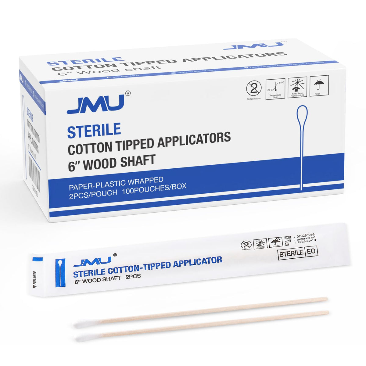 JMU front packaging showing 200-count box and sterile packs for easy storage