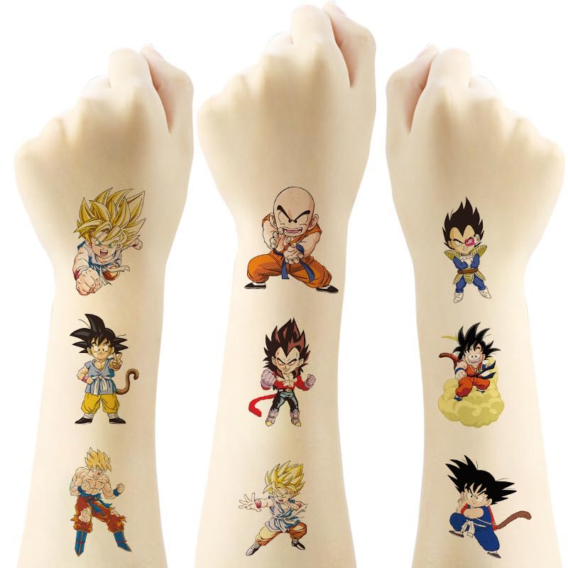 JMYUJX front packaging showing 40-sheet Dragon Ball tattoo set and party-ready look