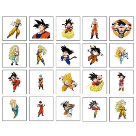 JMYUJX close-up of tattoo sheet with colorful Dragon Ball character designs and clear detail