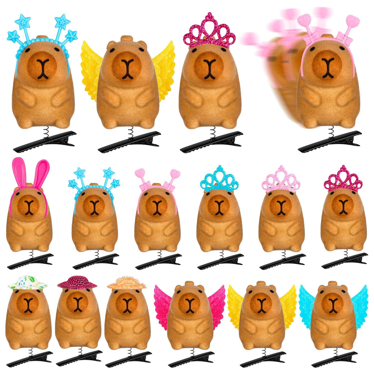 JMZYJZH front view of 12 capybara clips showing set variety and charm
