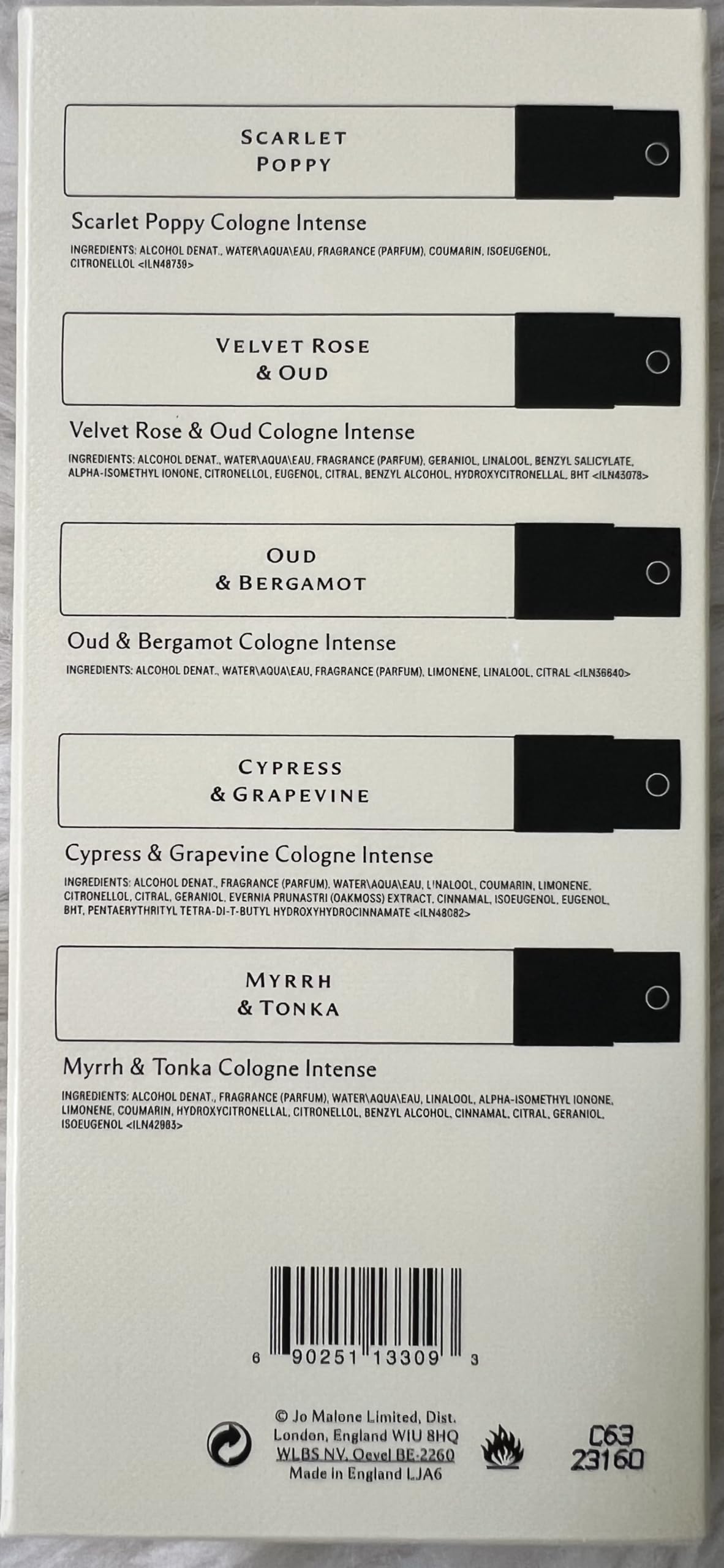 Jo Malone mini bottle close-up label and stopper, highlighting premium detail and clarity