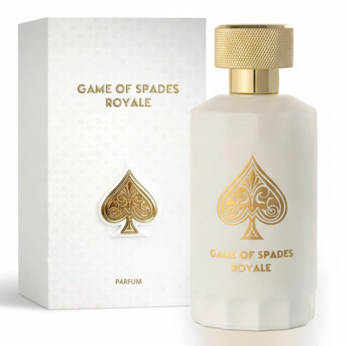 Jo Milano Game of Spades Royale front bottle showing label and premium glass bottle benefit: clear brand identity