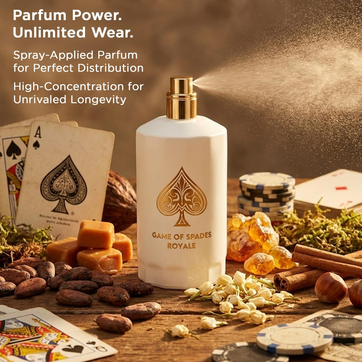 Jo Milano Game of Spades Royale bottle in an evening setting showing mood benefit: sophisticated nightwear