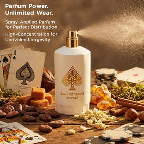 Jo Milano Game of Spades Royale bottle in an evening setting showing mood benefit: sophisticated nightwear