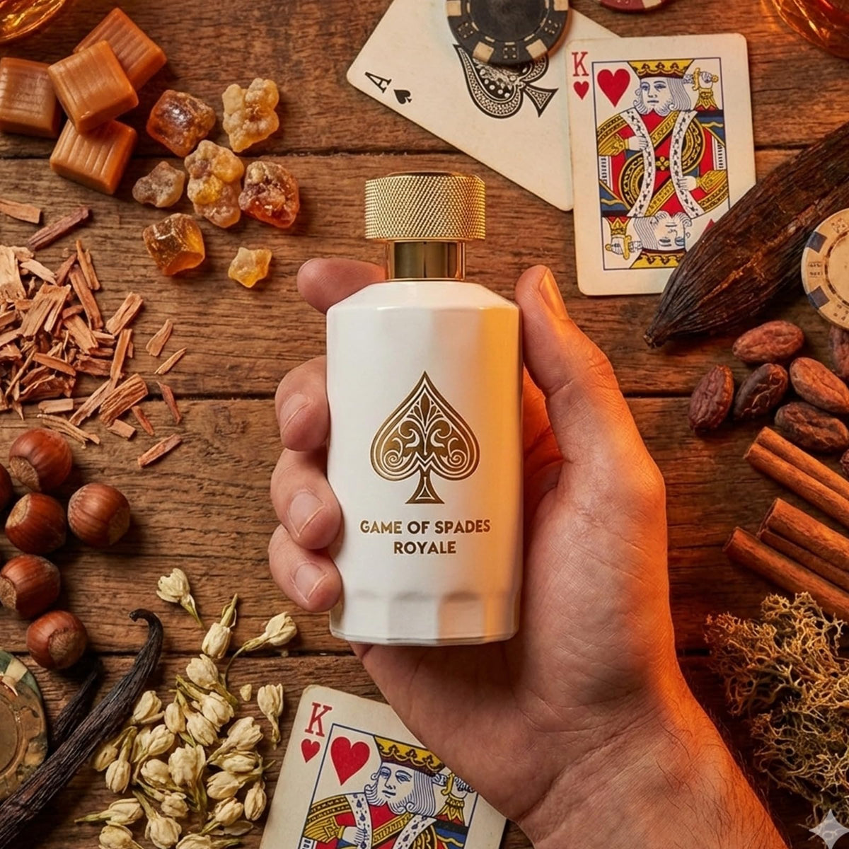 Jo Milano Game of Spades Royale bottle held in hand for scale benefit: shows 100ml size