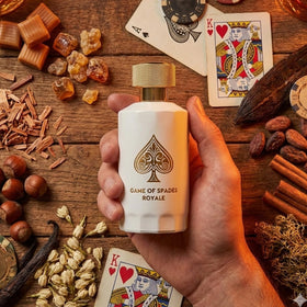 Jo Milano Game of Spades Royale bottle held in hand for scale benefit: shows 100ml size