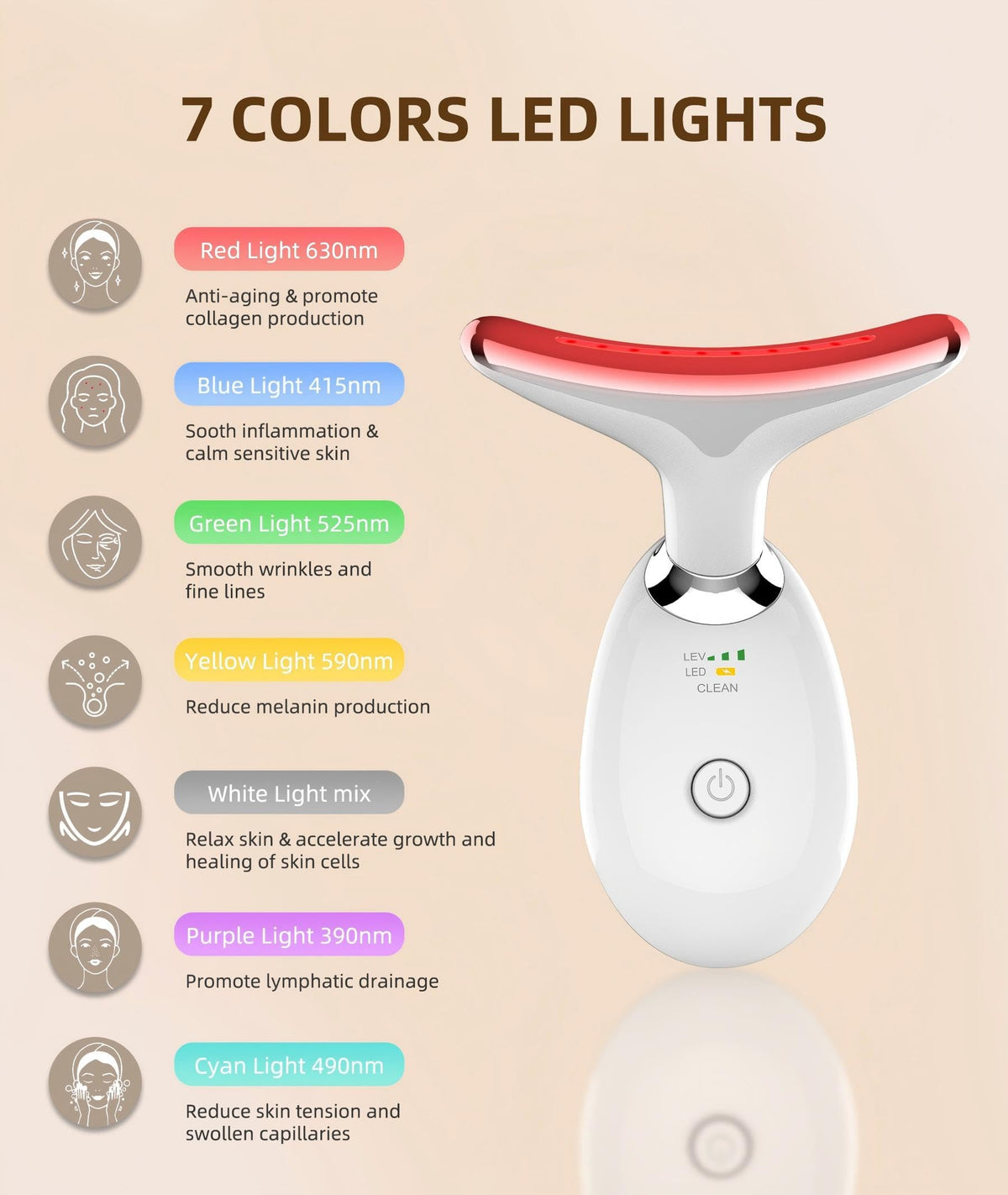 Jobazok LED light display showing seven-color modes for customizable skincare benefit