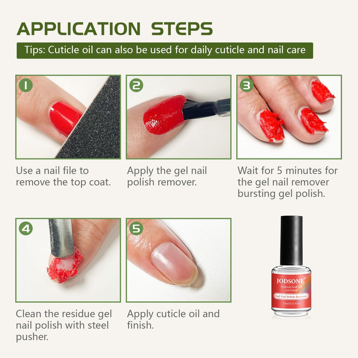 JODSONE applying remover to a nail to speed up gel removal