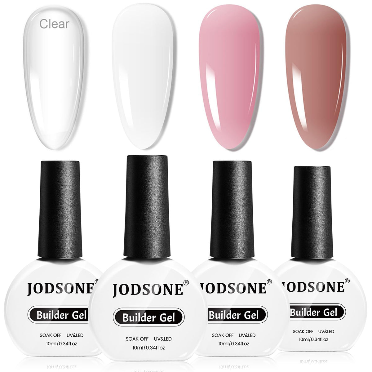 JODSONE front view of four 10ml builder gel bottles showing color set and convenience