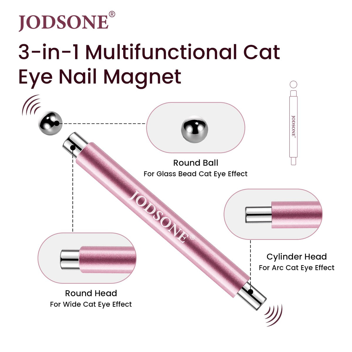 JODSONE close-up of 6mm and 8mm cylinder magnet tips for precise cat-eye lines