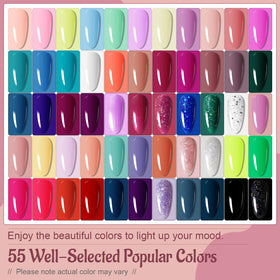 JODSONE color array flatlay displaying 55 vibrant gel shades