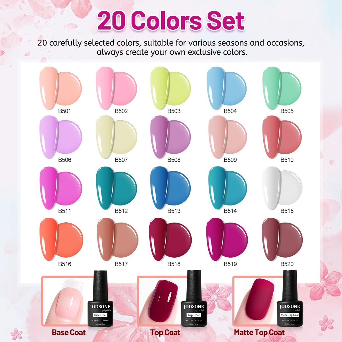JODSONE colorful gel bottles arranged to display the 20-shade range for easy shade selection