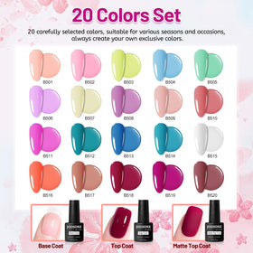 JODSONE colorful gel bottles arranged to display the 20-shade range for easy shade selection