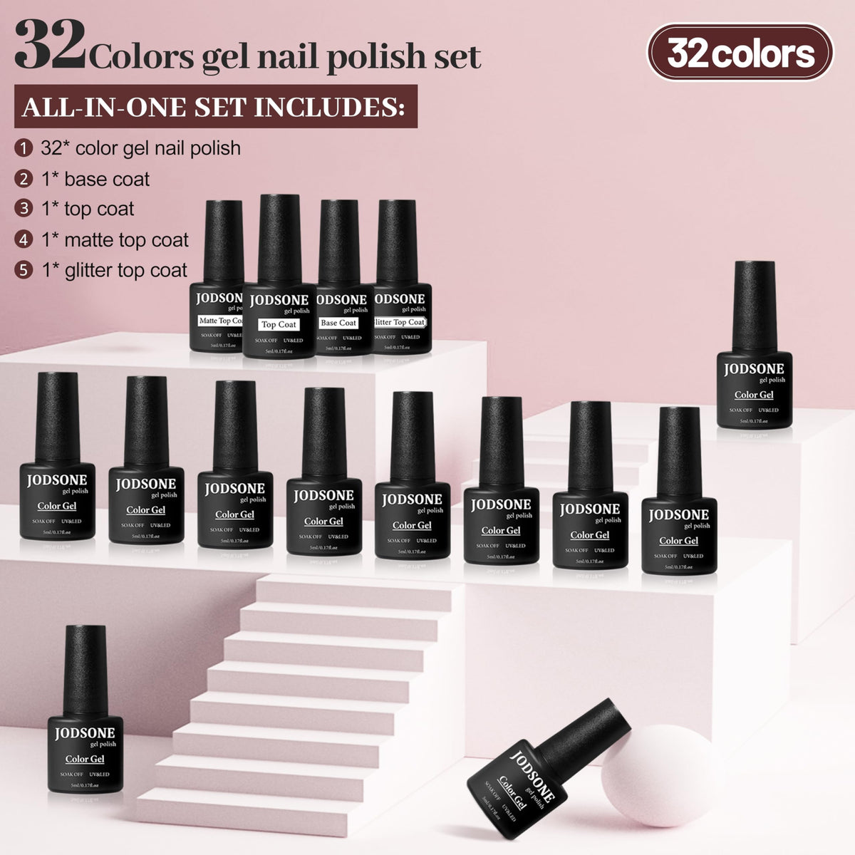 JODSONE neatly arranged 32 color bottles flatlay illustrating shade range