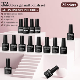 JODSONE neatly arranged 32 color bottles flatlay illustrating shade range