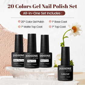JODSONE color array flatlay displaying 20 vibrant gel shades