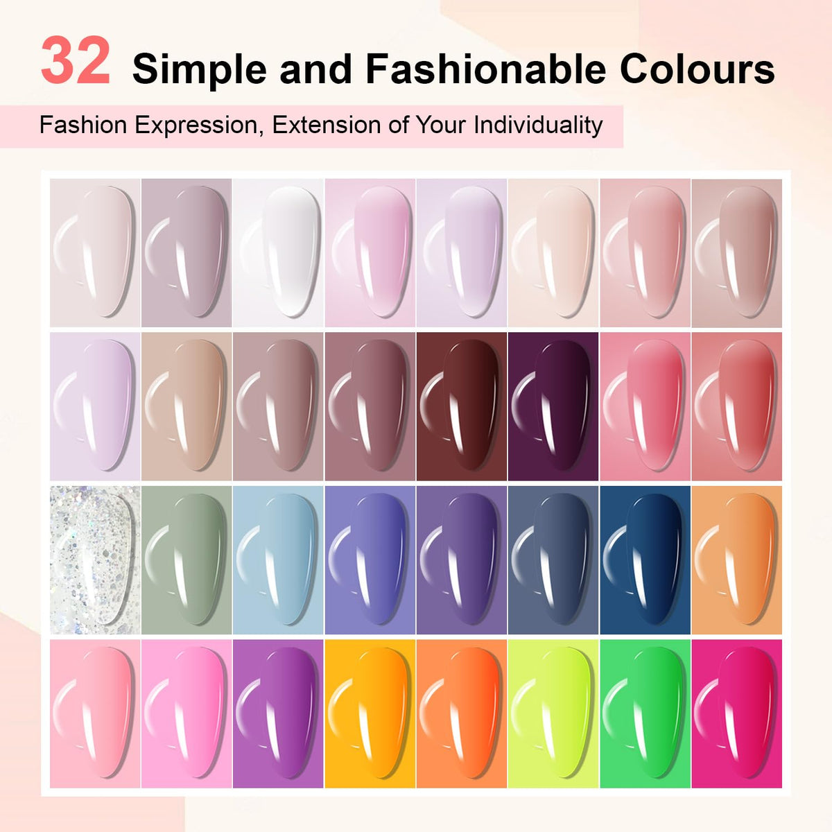 JODSONE colorful gel polish bottles arranged to show 32 shades