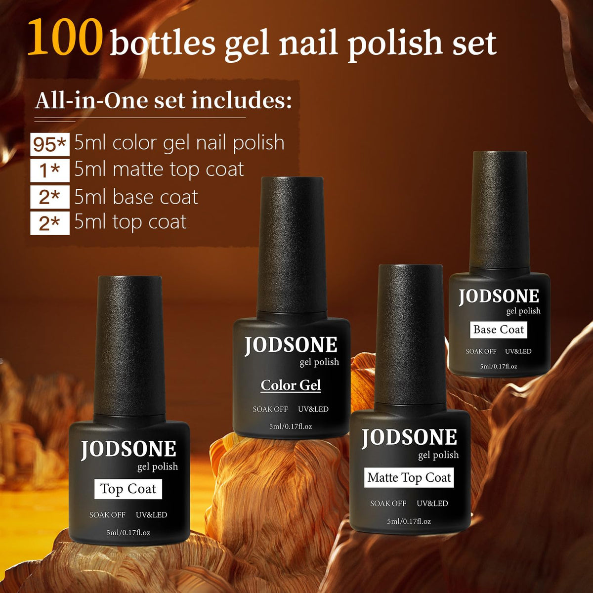 JODSONE row of colorful gel bottles displayed for easy color selection benefit