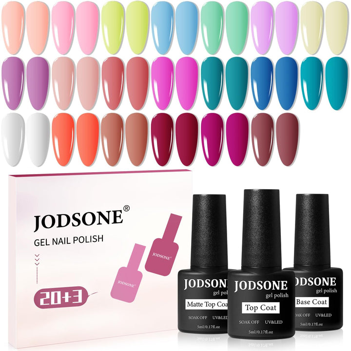 JODSONE front packaging showing the full 20-color gel kit and included top coats for versatile looks