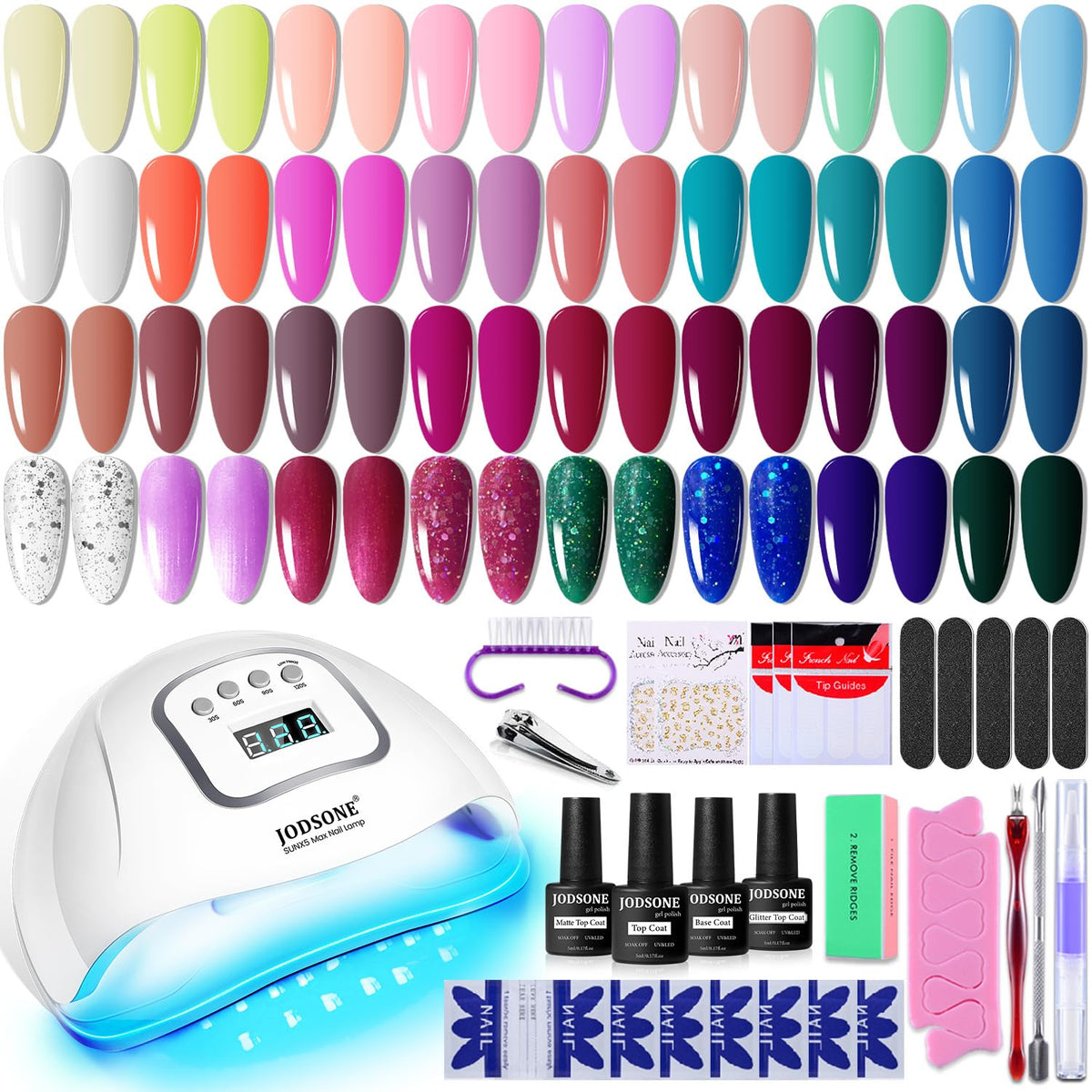 JODSONE front packaging showing full 32-color gel polish kit and lamp for complete sets