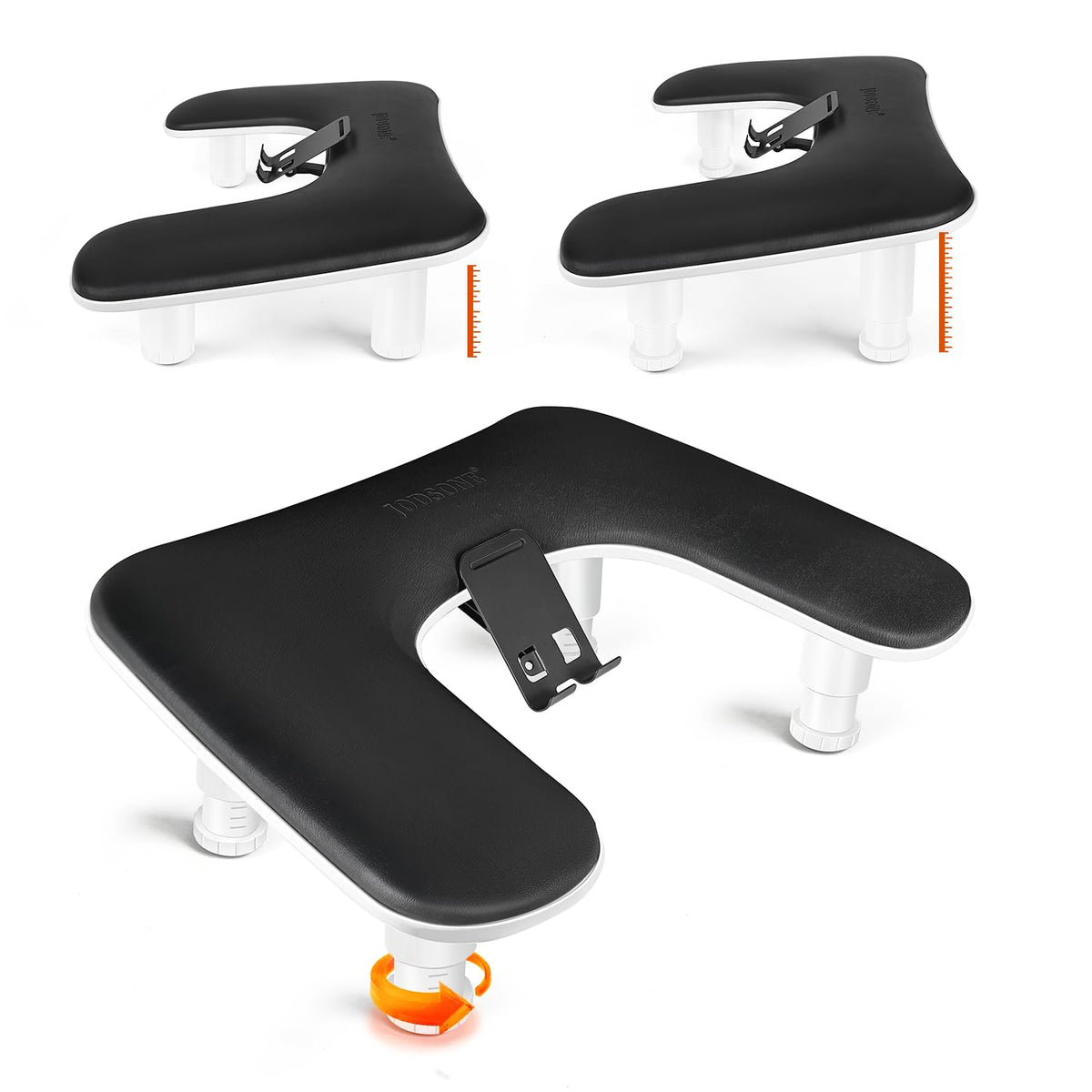 JODSONE front view of U-shaped black arm rest showing compact design and phone holder benefit