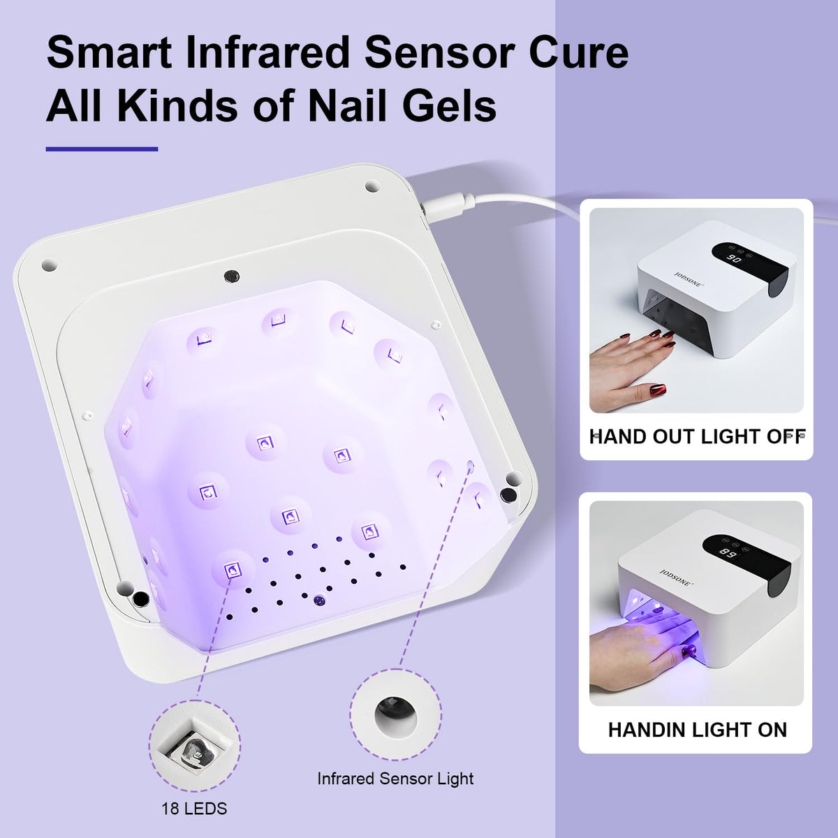 JODSONE lamp curing a manicure to demonstrate quick, cordless gel drying