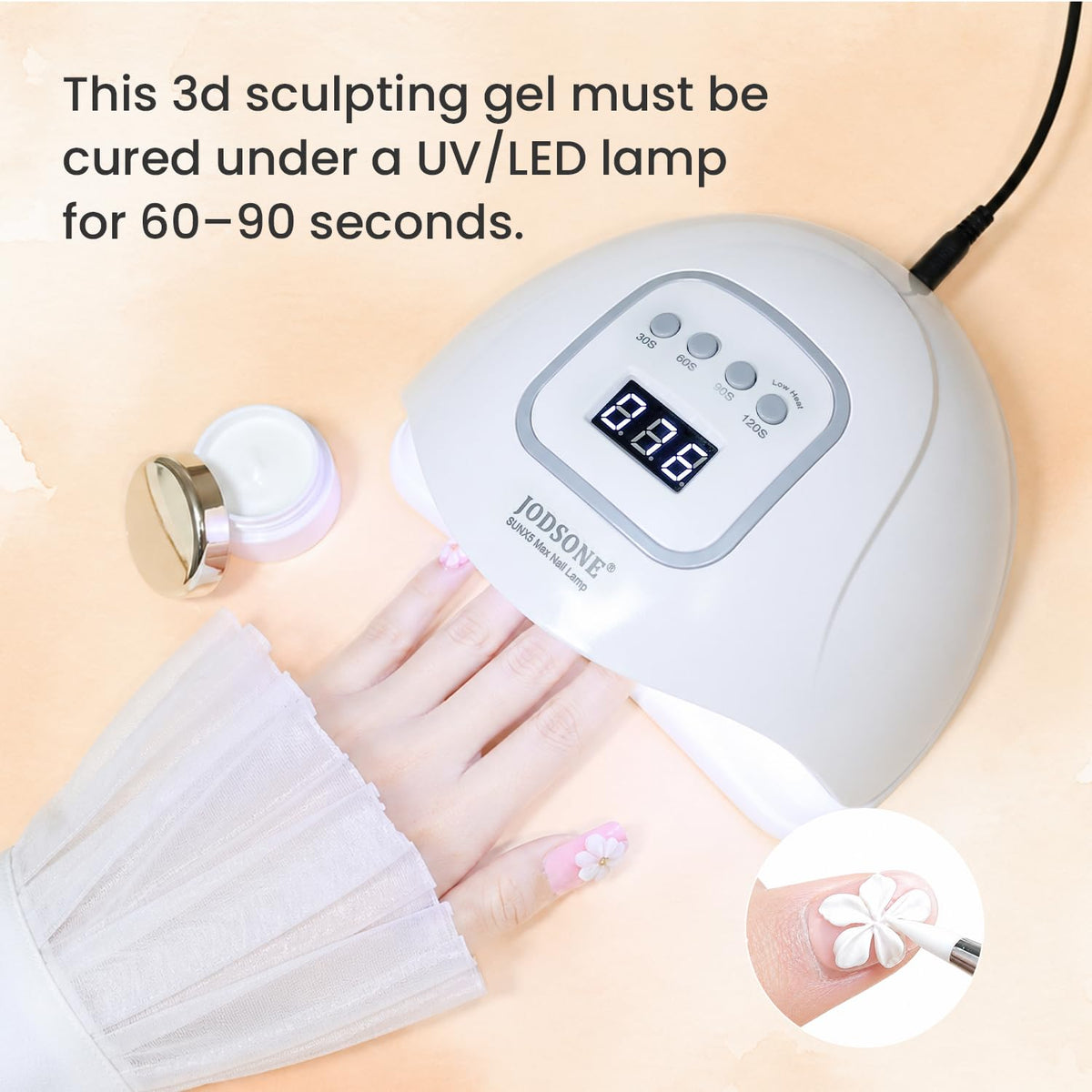 JODSONE nail artist using lamp, shows professional finish and durability benefit
