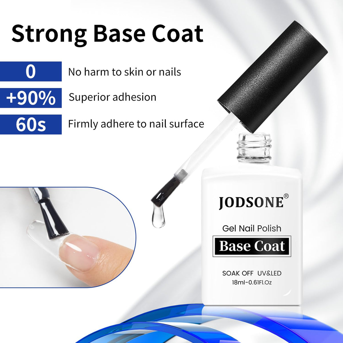 JODSONE top coat close-up showing nozzle and polish clarity for smooth, no-wipe glossy finish benefit