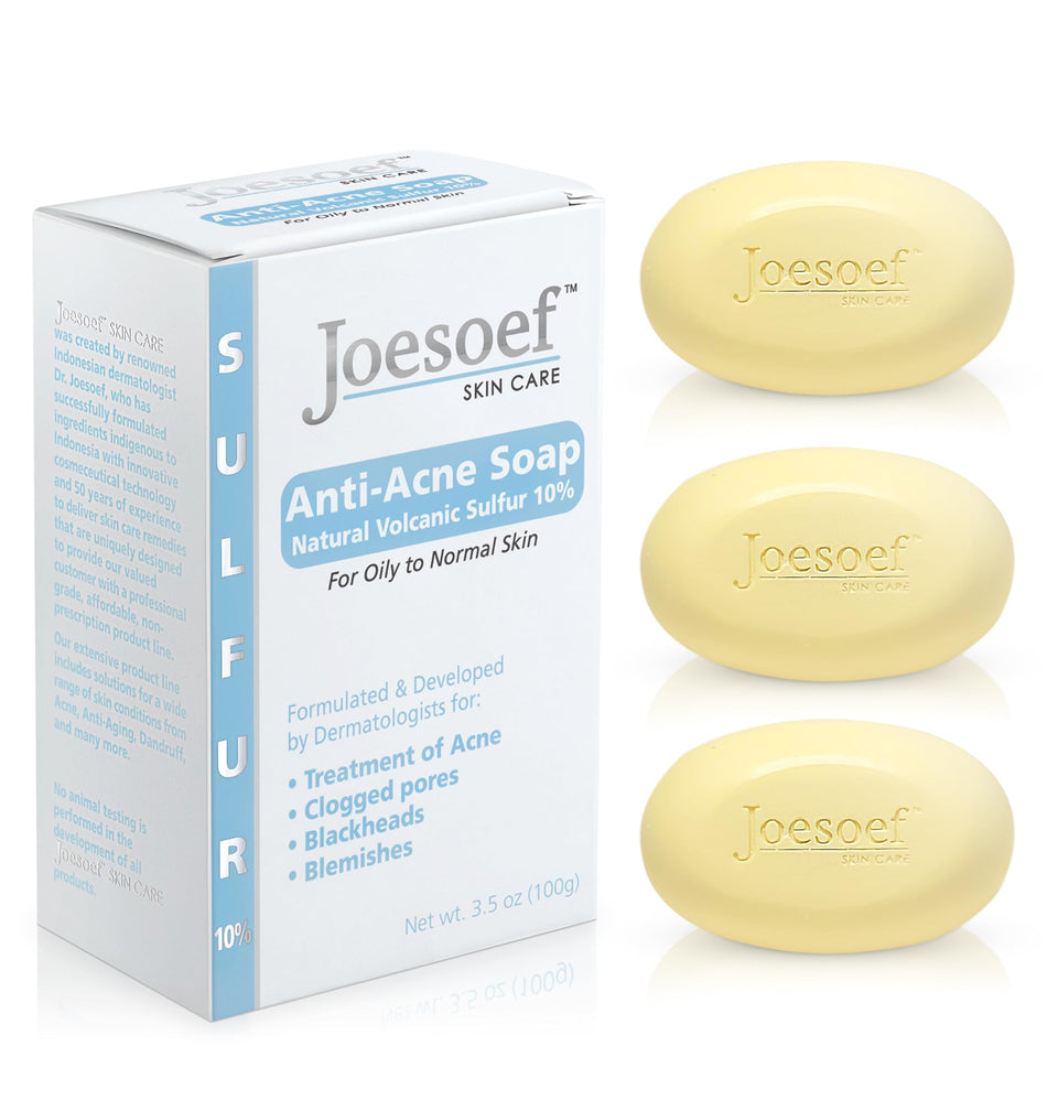 JOESOEF front packaging showing three sulfur soap bars and product name for visible clarity