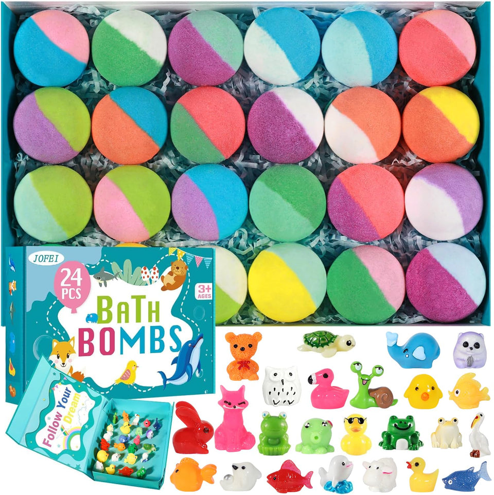 JOFEI front packaging showing 24 colorful bath bombs and gift box benefit surprise