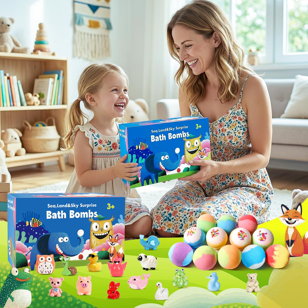 JOFEI lifestyle image of bathtime with bath bombs and toys creating joyful routine