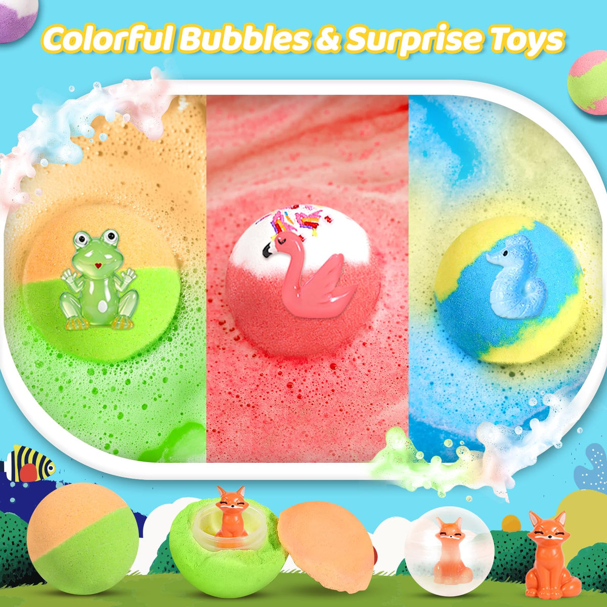 JOFEI scent variety labels listing coconut, citrus, grape and more for playful baths