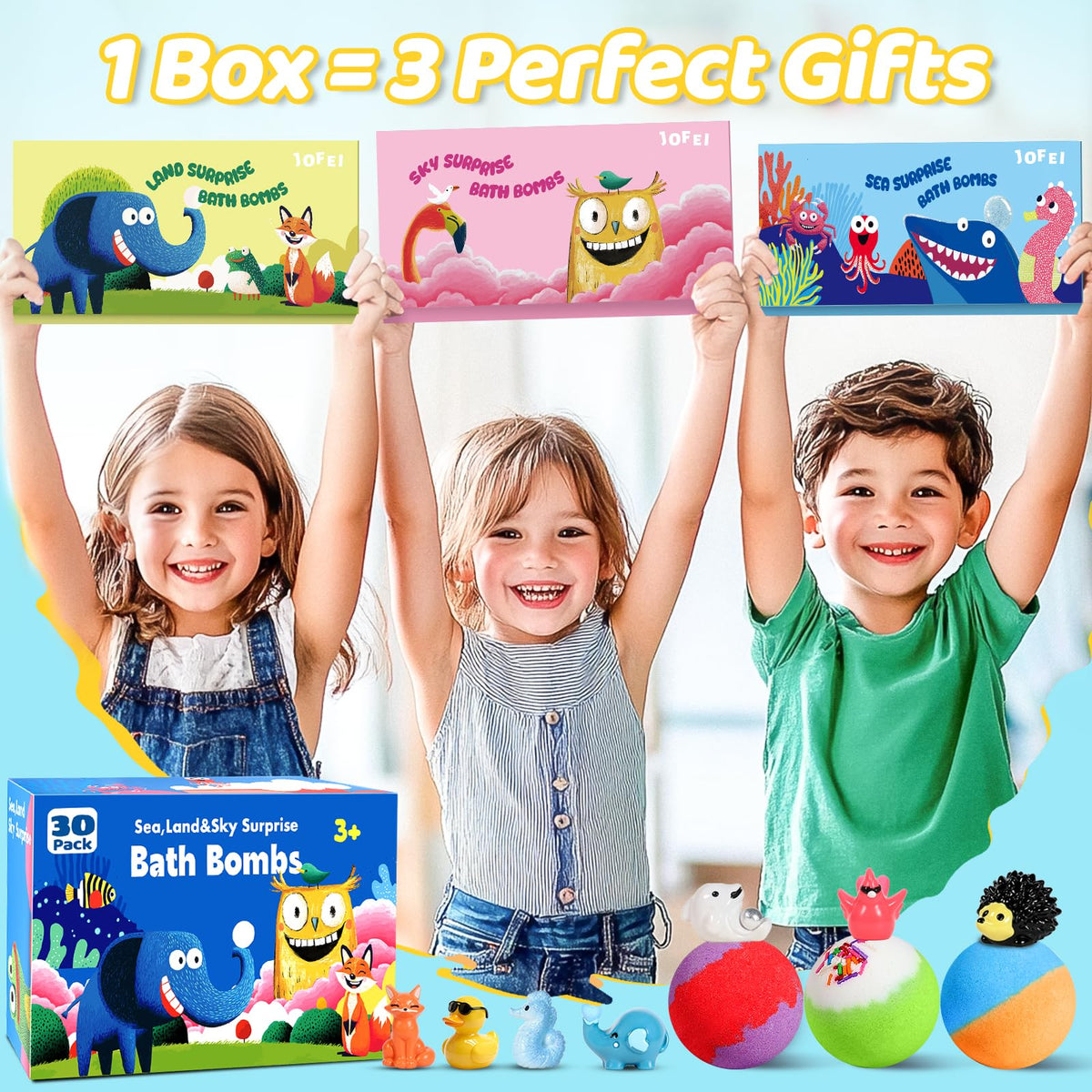 JOFEI three themed boxes laid out showing ocean, land and sky animal collections
