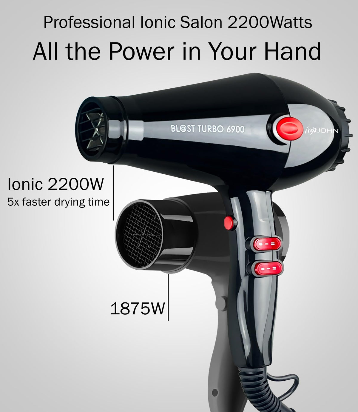 JOHN blow dryer back view displaying controls and heat settings for precise styling
