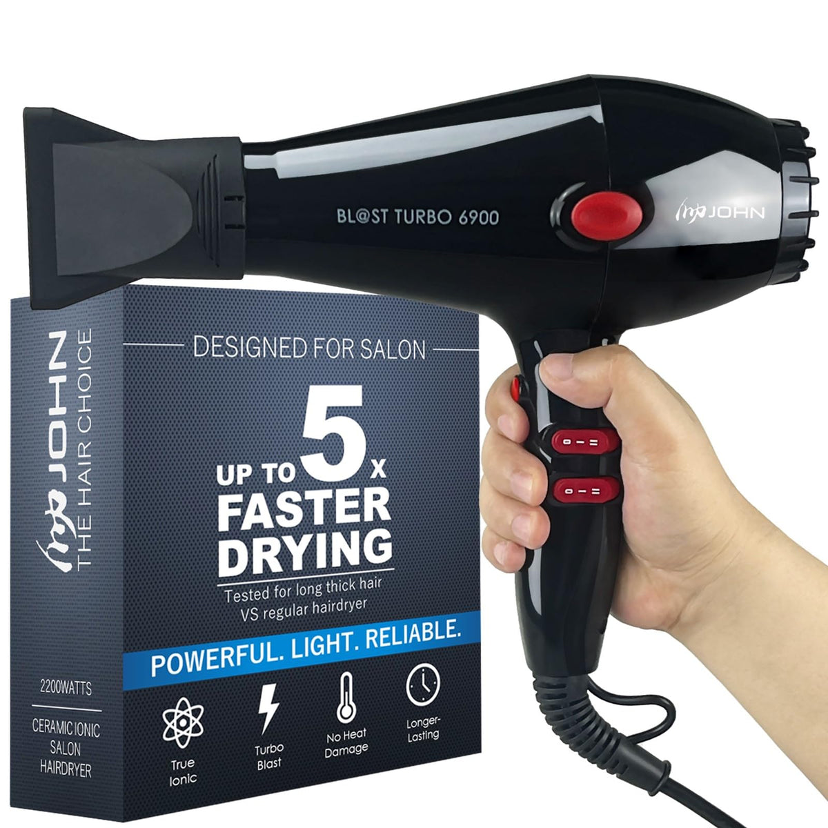 JOHN blow dryer front view showing sleek black housing and powerful airflow benefit