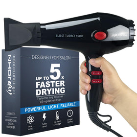 JOHN blow dryer front view showing sleek black housing and powerful airflow benefit