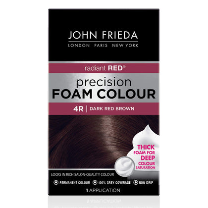 John Frieda front packaging showing 4R dark red brown and kit benefits
