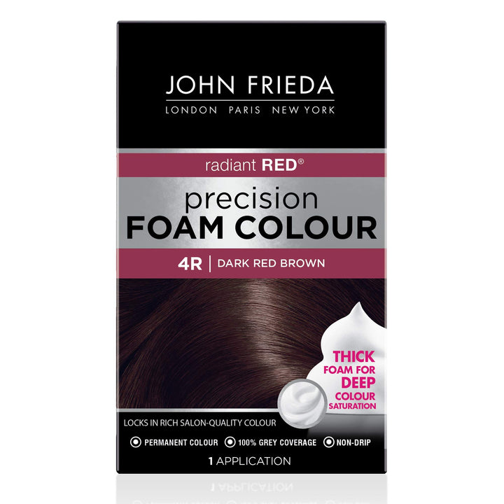 John Frieda front packaging showing 4R dark red brown and kit benefits