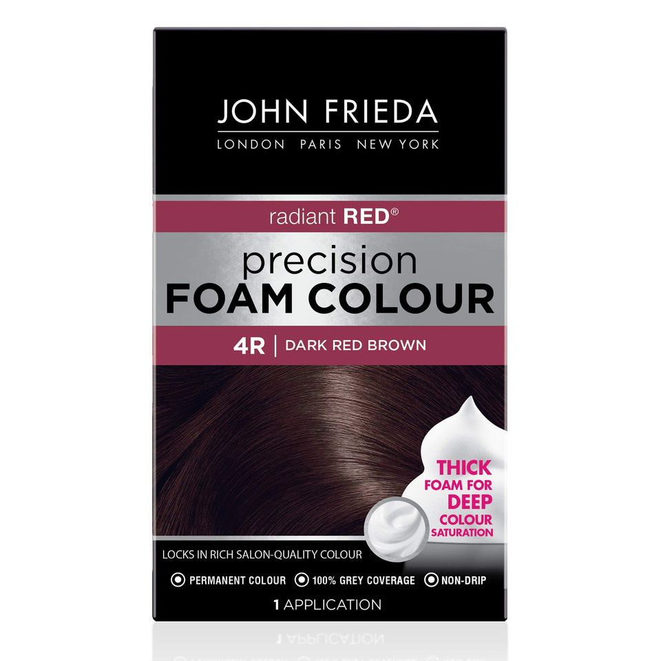 John Frieda front packaging showing 4R dark red brown and kit benefits