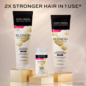 John Frieda shampoo on bathroom shelf for organized hair routine