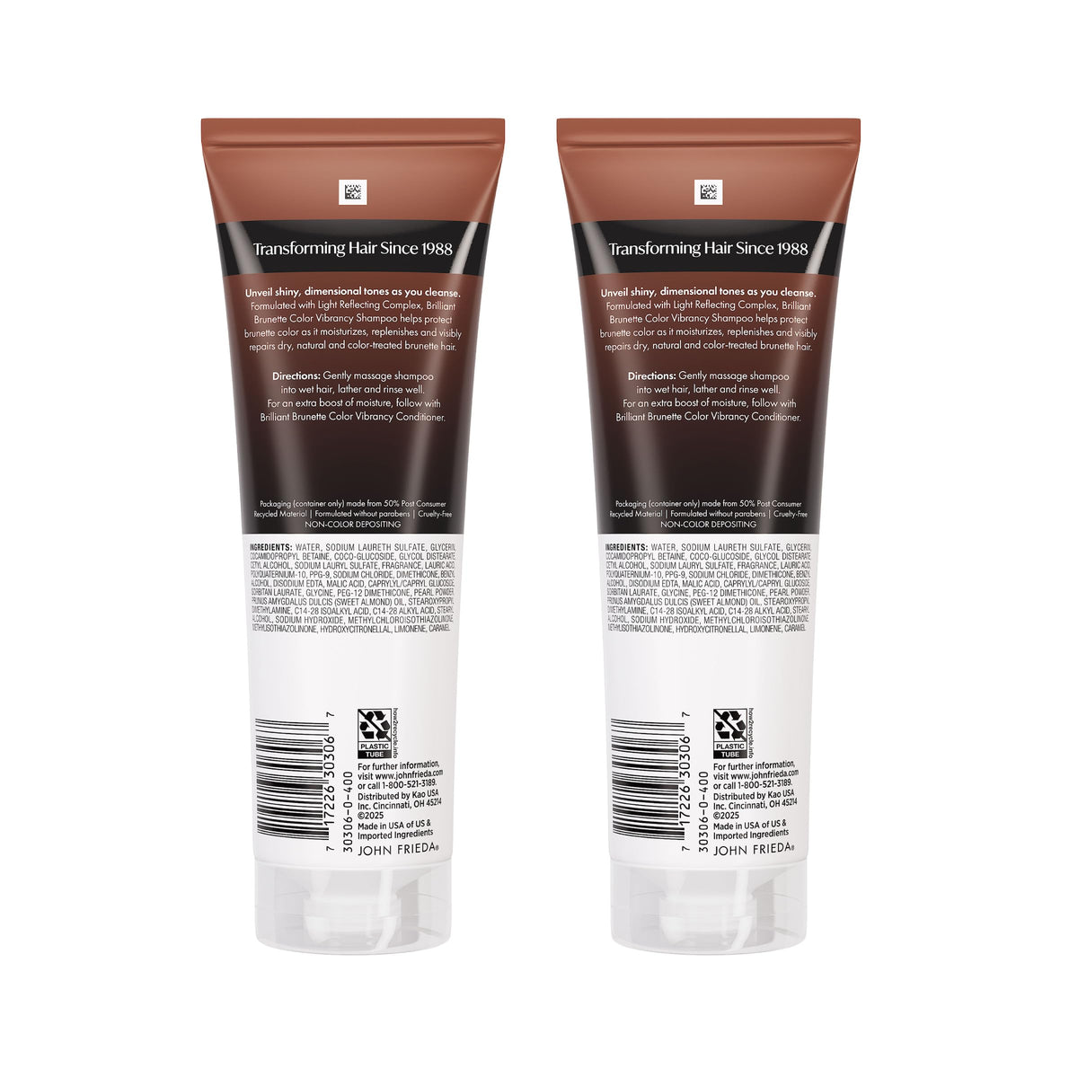 John Frieda model with brunette hair showing enhanced color shine