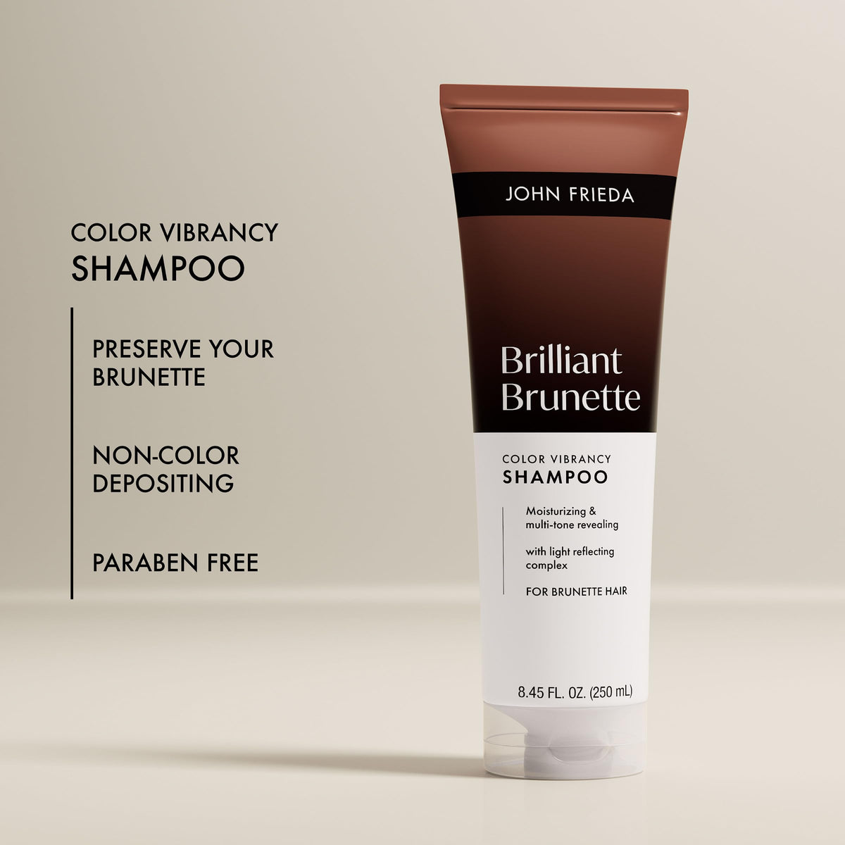 John Frieda shampoo bottle near shower illustrating easy dispensing