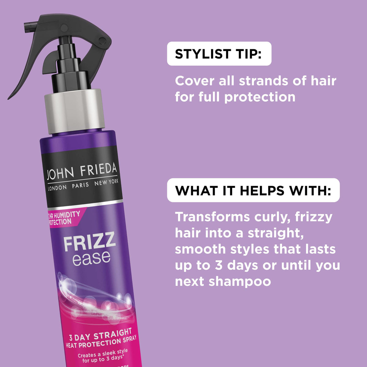 John Frieda close-up of spray nozzle and mist, demonstrating even application benefit