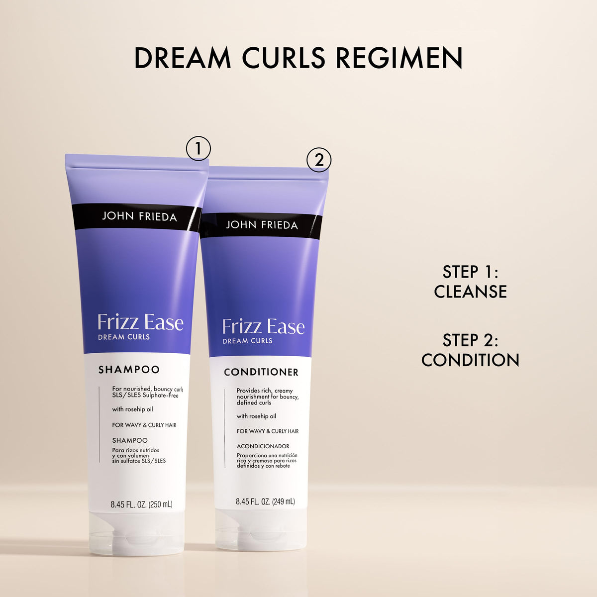 John Frieda bottle styled on bathroom shelf in lifestyle setting for daily routine