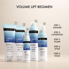 John Frieda twin pack styled on bathroom shelf for routine use
