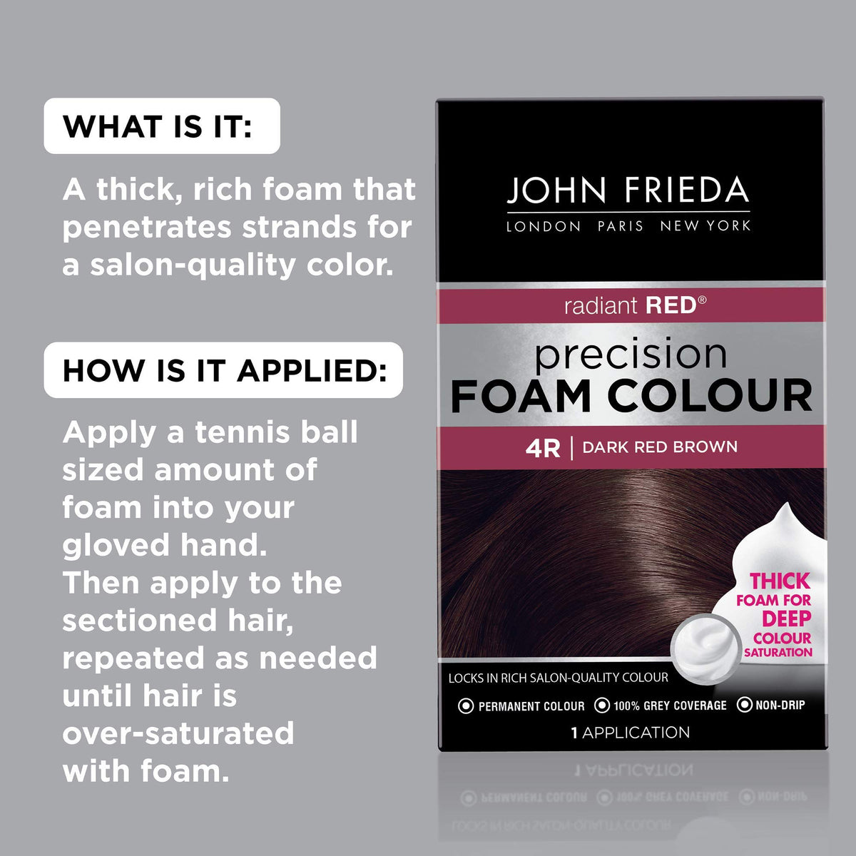 John Frieda foam texture close-up illustrating thick non-drip application